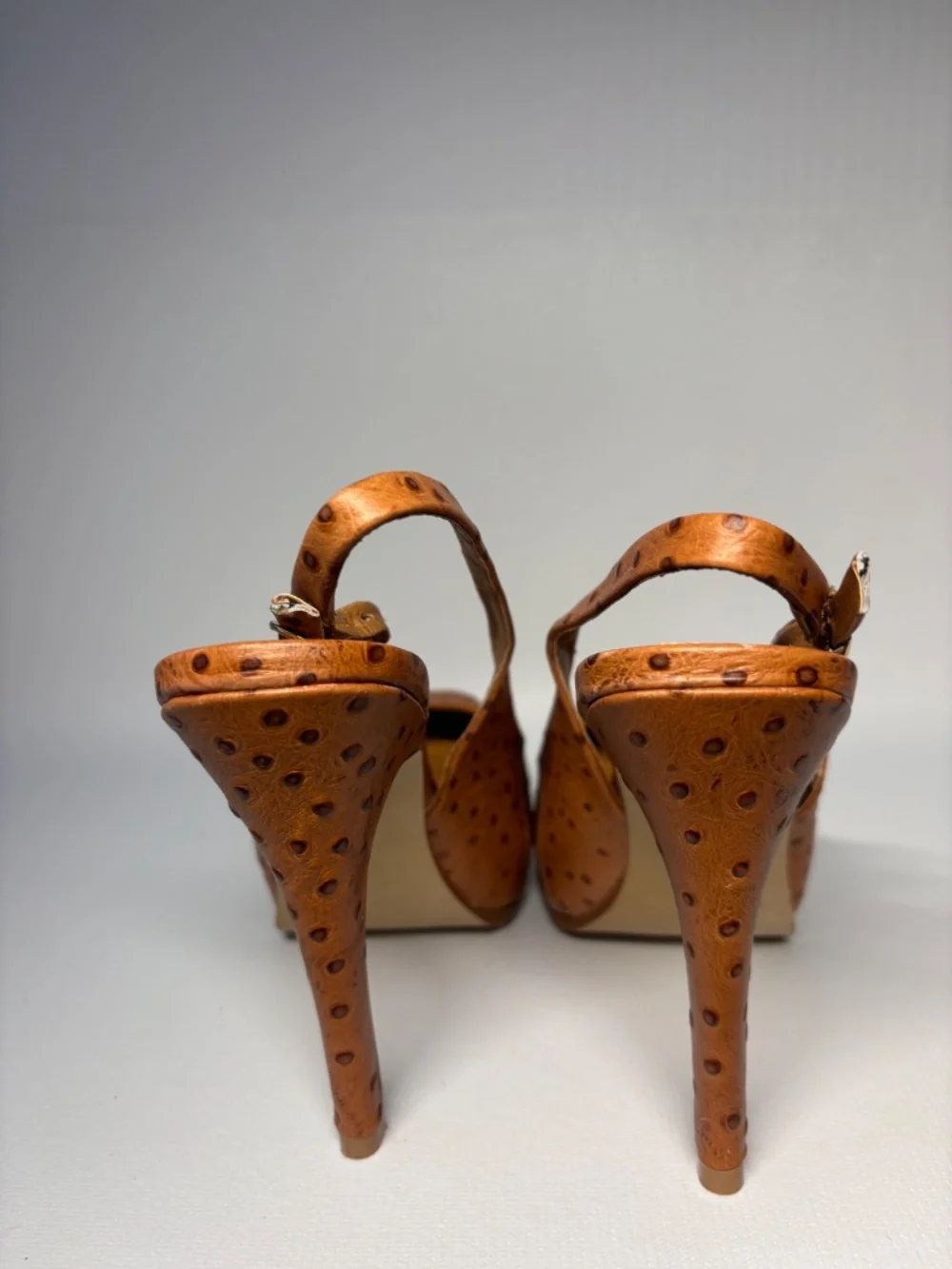 La Victoire Ostrich Embossed Leather Platform Slingback Heels Brown Size 6